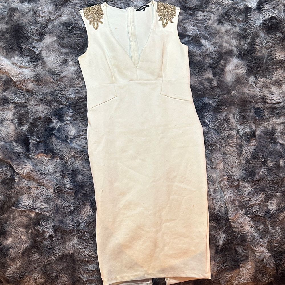 Fashion Nova Cream Midi Dress with Gold Details